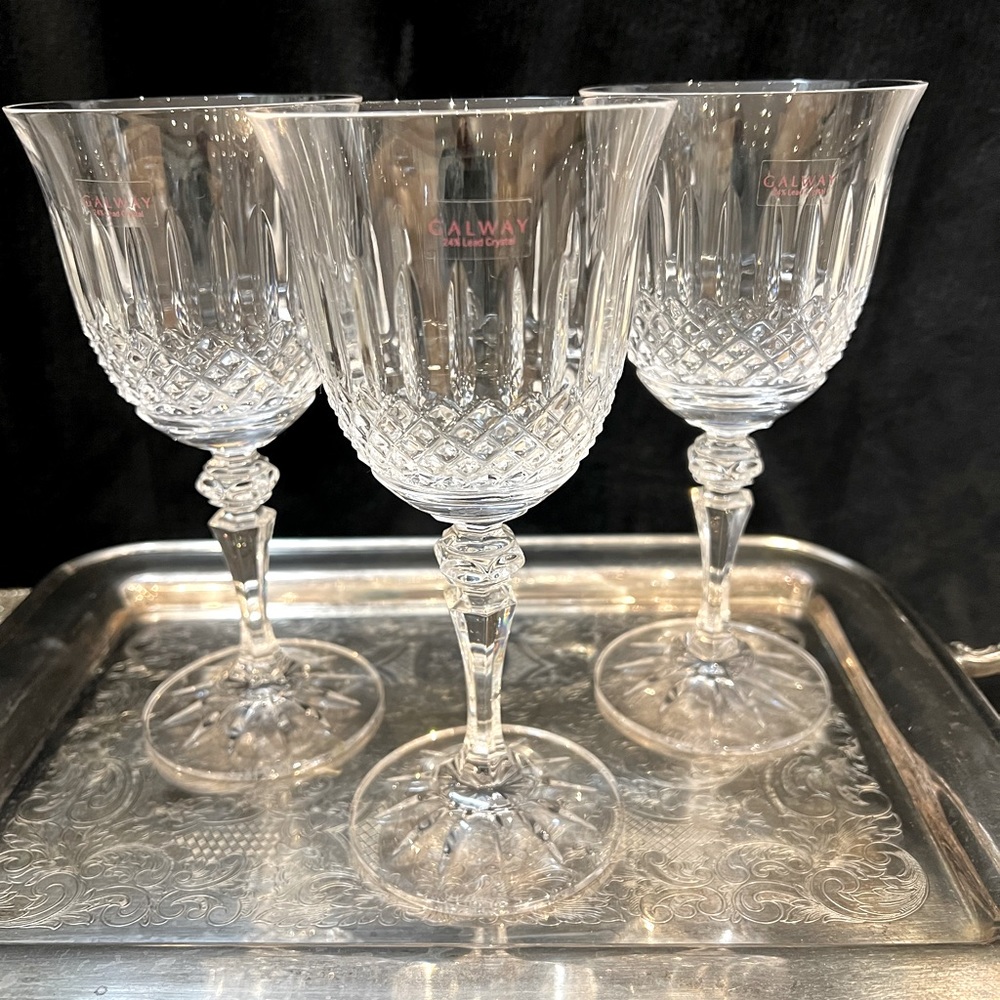 Galway Irish Crystal Signed GAL 15 Water Goblet Wine Glasses Set of 3 NWT